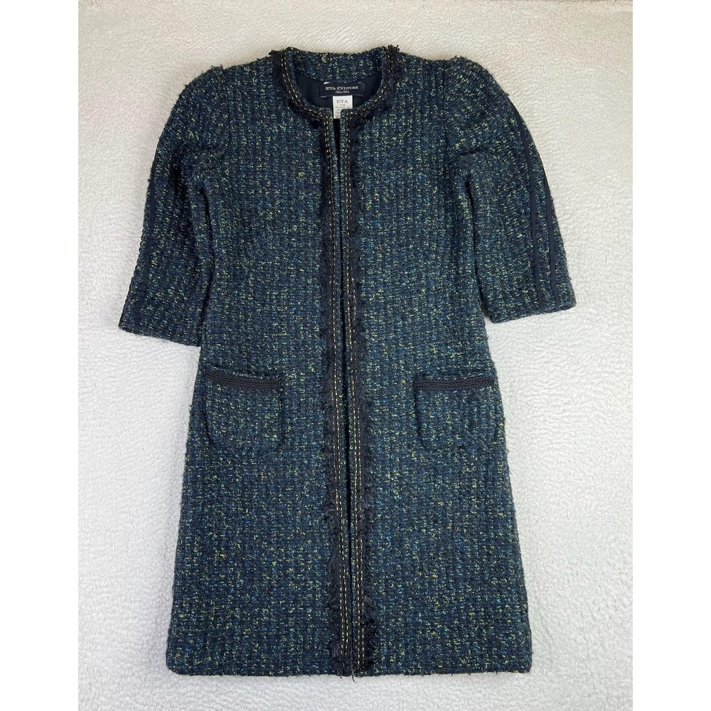 Eva Culture Womens 38 Blue Tweed Wool Zip Front 3/4 Sleeve Fringe Pocket Coat